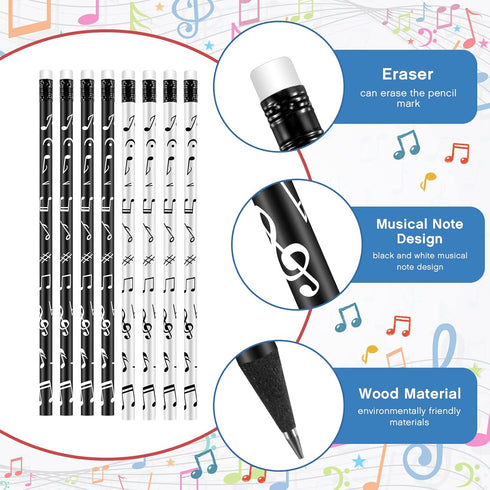 Music Note Pencils Music Pencils Music Themed Pencils Kids Musical Pencils Round White Black Pencils Woodcase Pencils with Eraser for School Offic...