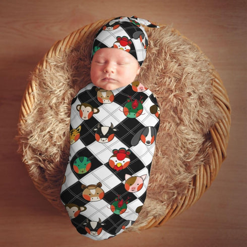 Chinese Zodiac Newborn Swaddle Blanket with Beanie Set Soft Baby Sleep Sack Stretch Adjustable Swaddle Wraps Receiving Blankets...