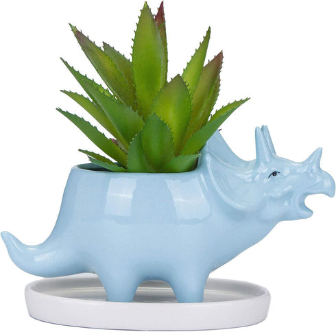 VanEnjoy Desktop Cute Cartoon Blue Triceratops Dinosaur Ceramic Succulent Pot with Tray, Bonsai Cactus Flower Pot Vase Holder Decorative Organizer...