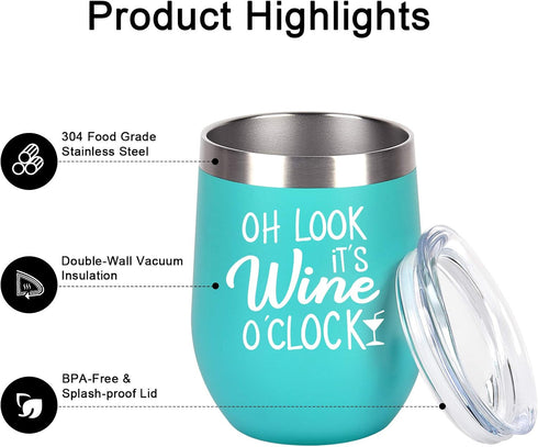 Oh Look It's Wine O'Clock - Stainless Steel Wine Tumbler with Lid, Funny Wine Gifts for Women Mom Grandma Sister Coworkers, Stemless Insulated Tum...