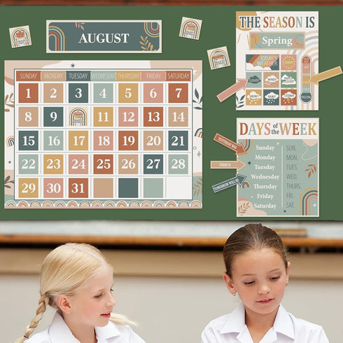 Modern Boho Calendar Bulletin Board Set for Classroom Decoration Rainbow Calendar Seasons Weather Chart Boho CTP Bulletin Board Paper-Cuts for Tea...