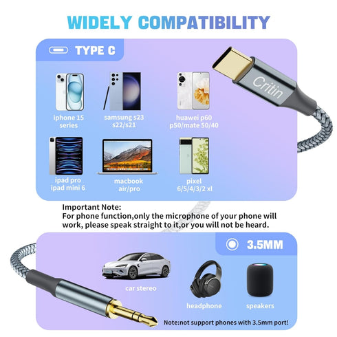 USB C to 3.5mm Audio Auxiliary Jack Cable,Type C Adapter to 3.5mm Male Headphone Stereo Cable,Braided Stereo Mini Jack Male to Male Auxiliary TRS ...