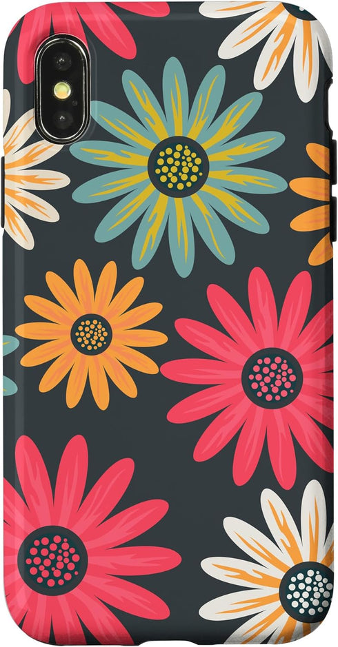 iPhone X/XS Floral Daisy Flowers Pink Green Orange Grey Pattern AEN021 Case...