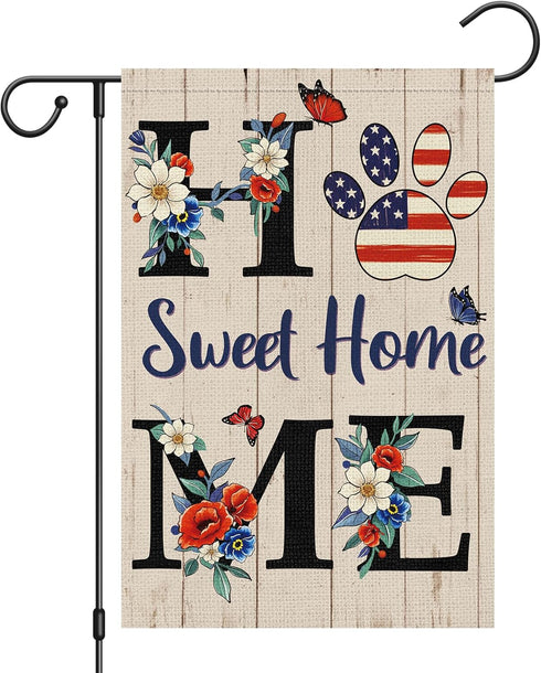 Home Sweet Home Patriotic Garden Flag 4th of July Floral Flag 12x18 Inch Double Sided, America Independence Day Flag Memorial Day Butterfly Yard B...