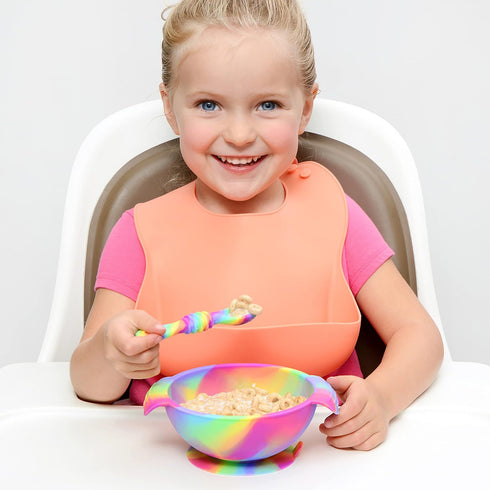 Unbreakable Silicone Non-Slip Bowl and Chew Spoon Set for Babies and Toddlers (Rainbow Swirl)...
