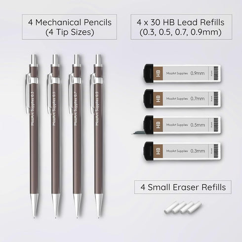 MozArt Mechanical Pencil Set with Case - 4 Sizes: 0.3, 0.5, 0.7 & 0.9mm with 30 HB Lead Refills Each & 4 Eraser Refills -Sketch, Drafting, Art, Dr...
