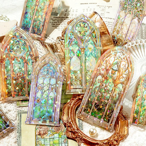 60Pcs Retro Glazed Window Flower Sticker Transparent Waterproof Stickers Holographic Glitter Stickers Vintage Scrapbook Stickers for DIY Diary Alb...