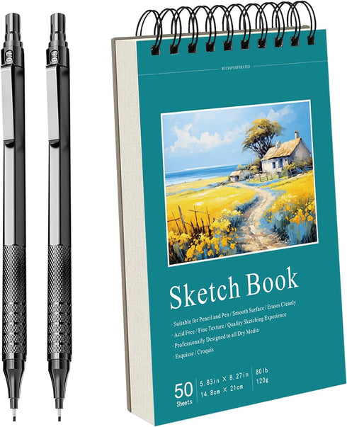 Xmusk Mechanical Pencil with A5 Sketch Book Set 0.5mm & 0.7mm Pencil 50 Sheets 120gsm Top Spiral Bound Acid Free Art Sketchbook Drawing Pad for Pa...