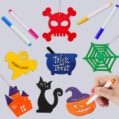 MGparty Halloween Crafts 60PCS Halloween Wooden Slices DIY Natural Wood Crafts Unfinished Predrilled Cutouts Ornaments for Kids Halloween Hanging ...