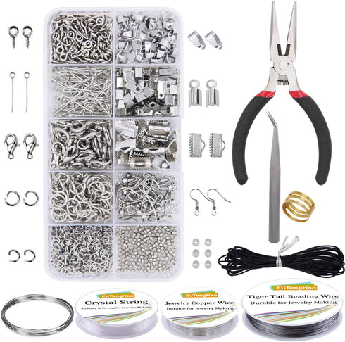 EuTengHao Jewelry Making Kit with Pliers, Wires, Jump Rings, Clasps, Cord and More for Jewelry DIY Crafts - Silver...