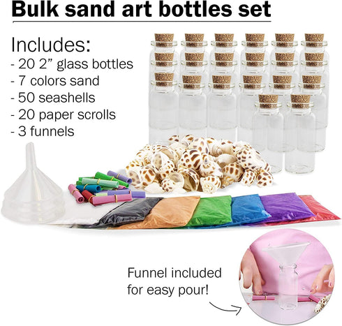 Upper Midland Products Sand Art Wishing Bottles, Bulk Sand Art She shell Set, 20 glass bottles, 50 seashells, 7 color sand, 20 letter paper, 3 fun...