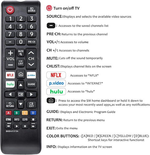 Replacement BN59-01315A BN59-01315J Remote Control Compatible with Samsung 4K Crystal UHD 6/7/8/9/TU-7000 Series Smart TV(BN59-01315E)...