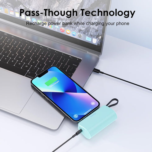 Small Portable Charger 5200 mAh for iPhone,Compact PD 3.0A Power Bank with Built-in Cable,USB C Mini Battery Pack Compatible with iPhone 15/15 Plu...