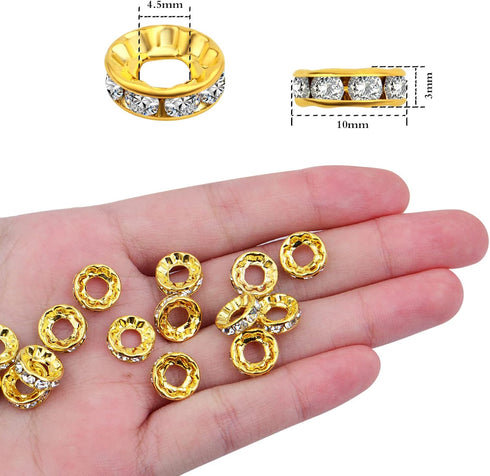 BronaGrand 100pcs 10 mm Golden Plated Rhinestone Spacer Beads Large Hole European Rondelle Beads Round Shiny Crystal Loose Beads for DIY Bracelet ...