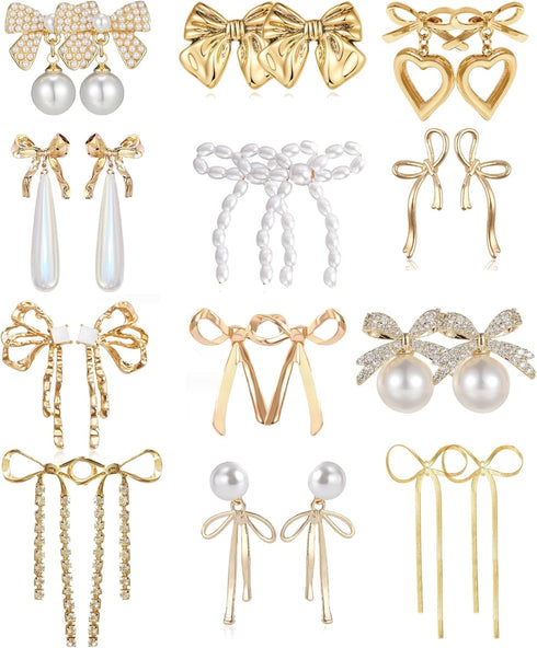 12 Pairs Crystal Rhinestone Pearl Kate Spade bow stud earrings for women Statement Ribbon Fringe Waterfall Dangling Long Chain Bow Dangle Drop Tas...