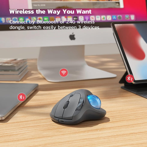 Nulea Wireless Trackball Mouse, Rechargeable Ergonomic, Easy Thumb Control, Precise & Smooth Tracking, 3 Device Connection (Bluetooth or USB), Com...