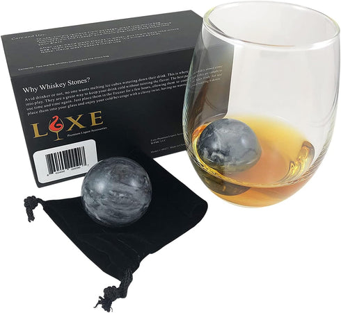 Luxe Whiskey Stones - Set of 2 Marble Chilling Spheres in Gift Box with Velvet Storage Bag...