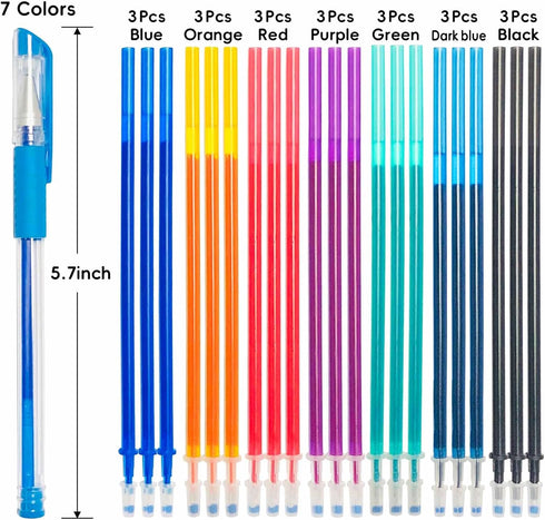 7 Colors Heat Erasable Pens for Sewing with 21 Erasable Pens Refill, 0.5mm Heat Erasable Fabric Marking Pens for Sewing, Dressmaking Embroidery Pe...