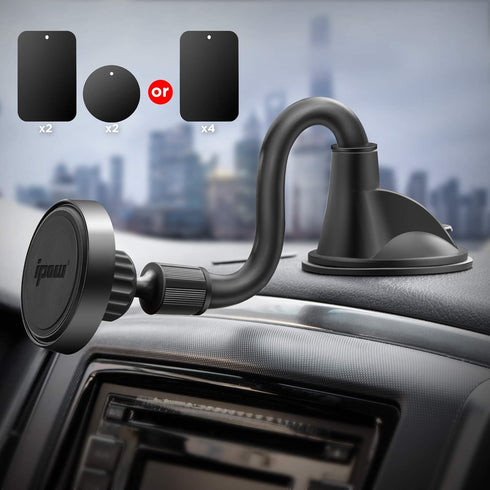 IPOW Long Arm Universal Magnetic Cradle Windshield Dashboard Cell Phone Mount Holder with 4 Metal Plates, Soft Firm Goose Arm & Enhanced Suction C...