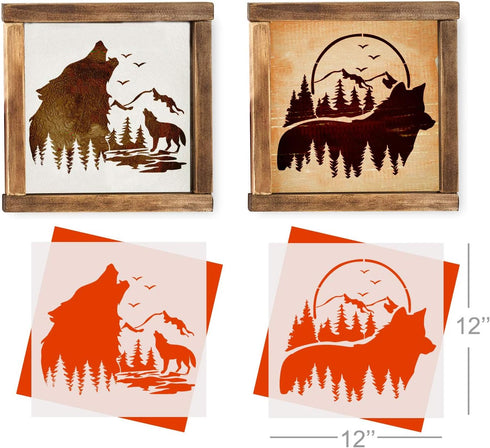 GSS Designs Mountain Forest Wolf Stencils (2 Pack) - Reusable Woodland Animal Stencil (12x12Inch) for Painting on Wood Wall Garden Flag Fabric Can...