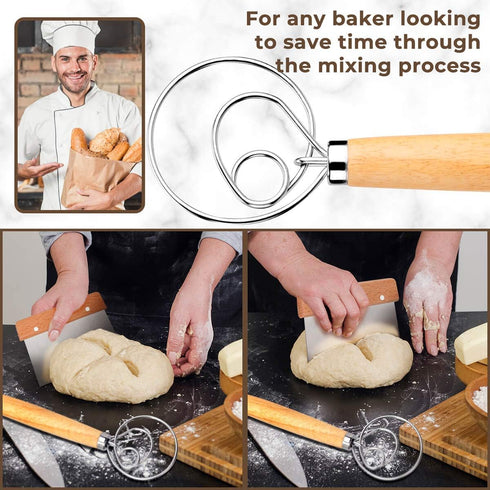 Danish Dough Whisk Bread Mixer?2 Pack Premium Stainless Steel Dutch Whisk With a Dough Scraper for Bread, Pastry or Pizza Dough - Perfect Baking...