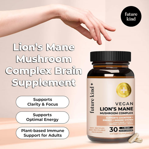 Future Kind Vegan Lion's Mane Mushroom Complex Brain Supplement - (30ct) Lions Mane Supplement Capsules with Chaga, Maitake, Shiitake and Reishi -...