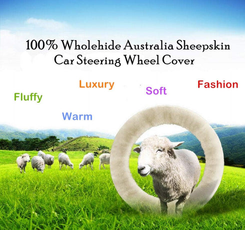 Wool Car Steering Wheel Cover 100% Australia Sheepskin Fur Steering Wheel Protector, Fluffy Warm Durable and High Elasticity Suit for Steering Whe...