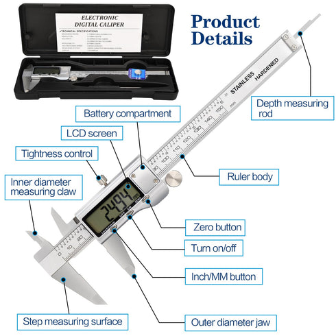 Digital Caliper, 1 Pack 6in Electronic Digital Caliper Measuring Tool, Construction with LCD Screen, Easy Switch from Inch to Millimeter(1 Pack, 6...