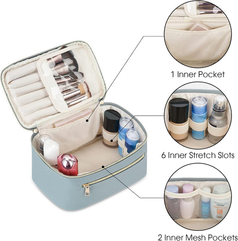 Wandering Nature Makeup Bag, Travel Make Up Organizer Cosmetic Brush Bags Case for Women in Eco Vegan Leather, Grayish Blue(Patent Pending)...