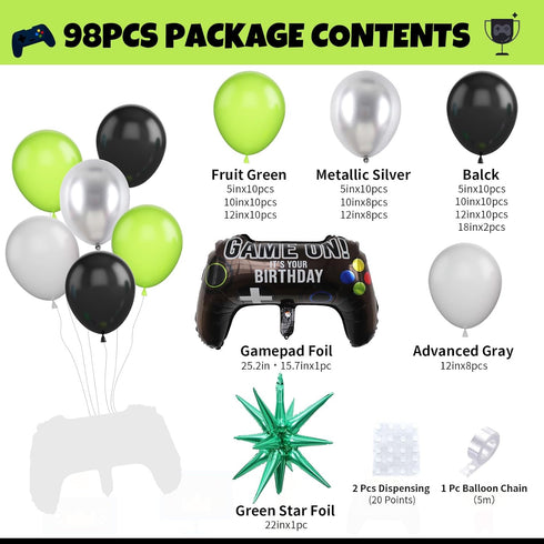 Video Game Balloon Arch, Green Black Balloon Arch Garland, Light Lime Green Black Grey Latex Balloons Star Gamepad Foil Balloon Helium for Boys Me...