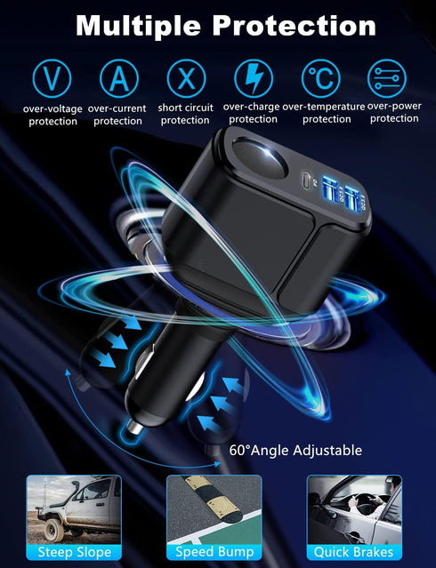 4 in 1 USB C Car Charger Adapter, 210W Multi USB Cigarette Lighter Adapter, Socket Splitter with 3 USB Ports, 12V/24V Outlet Dual USB Type C PD Fa...