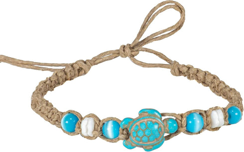 BlueRica Hemp Anklet Bracelet with Turquoise Sea Turtle, Blue Cat's Eye Beads and Puka Shell Beads...