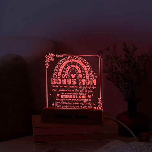 Bonus Mom 3D Illusion Lamp w Wooden Base USB Powered Acrylic Night Light, Mom Gift from Son Daughter, Lamp Present for Mother Stepmom Bonus Mom, H...