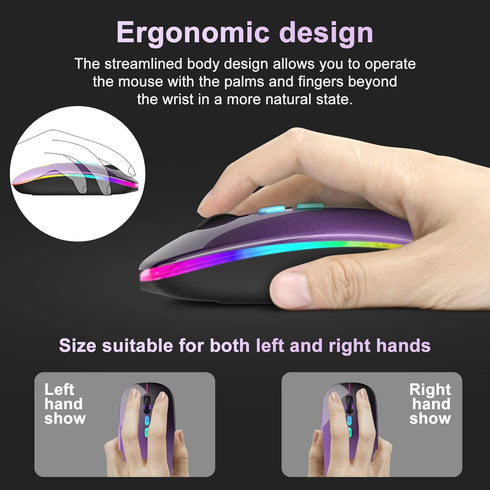 LED Wireless Mouse, Bluetooth Mouse &2.4GHz Instant Connection,Rechargeable Ultra Silent Slim,3 DPI 2 Connection Modes with USB-C to USB Adapter f...