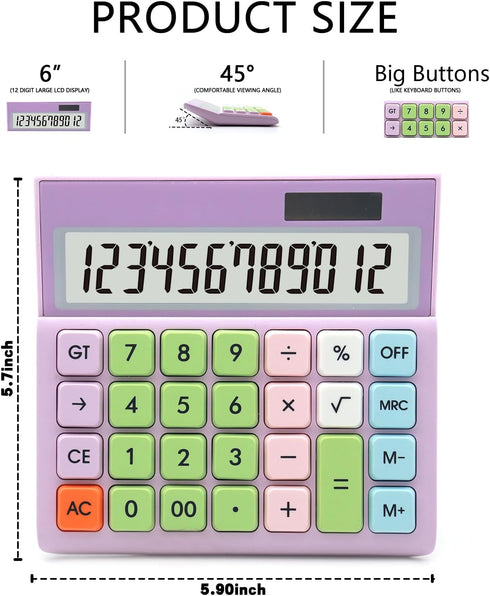 Model 2276 Purple Calculator, UPIHO Standard Calculator with Solar Power, 12 Digit Display and Big Buttons Calculator,Purple Office Supplies and D...