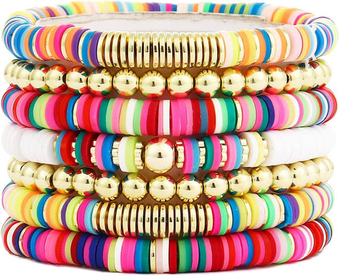 Colorful Beaded Bracelets for Women Heishi Bracelet Set Gold Bead Bracelets Resin Acrylic Bangle Bracelets Stackable Stretch Strand Bracelet...