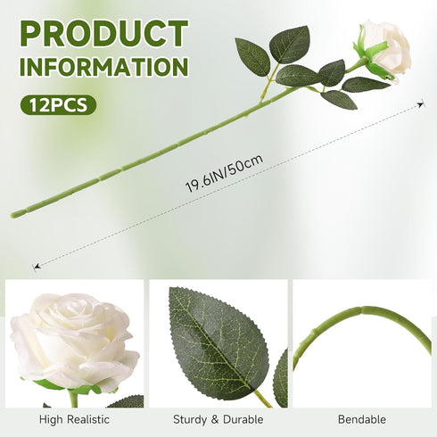 Tifuly White Roses Artificial Flowers -12 pcs Realistic Single Long Stem Fake Silk Roses Bouquet for Party Home Wedding Centerpiece Office DIY Dec...