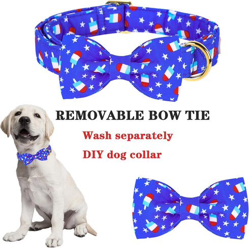 Dog Collar Bow Tie Blue Popsicle Star Dog Collar Girls with Safety Metal Buckle Adjustable Puppy Collars for Small Medium Large Dog (M)...