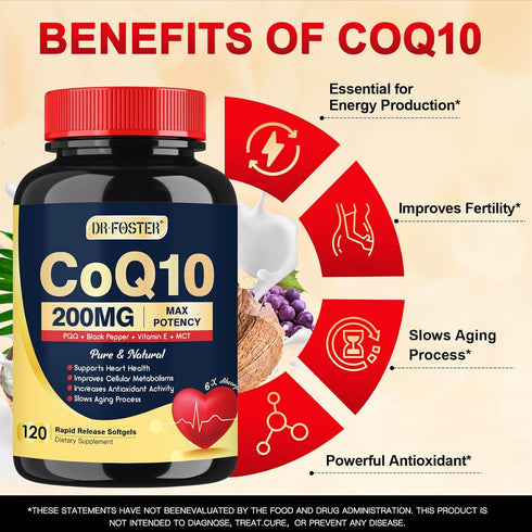 Coq10 200mg Upgraded, 6X High Absorption with Vitamin E & PQQ & Black Pepper Extract, Co q 10 Supplement for Heart Supports & Energy Production, C...