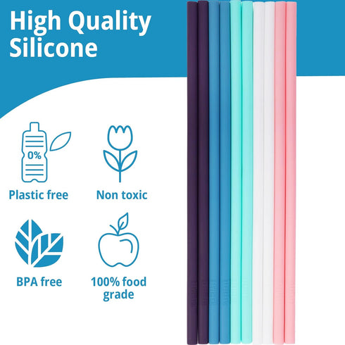 10 Reusable Silicone Drinking Straws + Cleaning Brush, 30oz - 20oz Tumblers Compatible, Dishwasher Safe, Extra Long Straw - Silicone Straws Reusab...