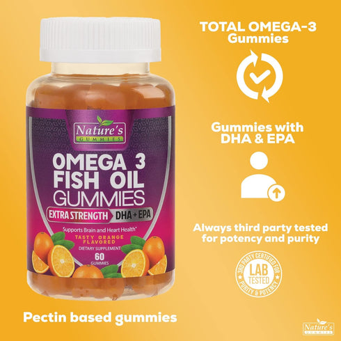 Omega 3 Fish Oil Gummies, Extra Strength Omega Fish Oil Supplement, High Absorption for Joint, Heart & Brain Support, Nature's Heart Healthy Omega...