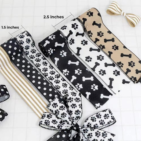 3 Rolls 1.5'' and 2.5'' Doggy Paw Print & Dog Ribbon(30 Yards), Lover Wired Edge Linen Ribbon,Stripes , Polka Dots Ribbons for Floral Arrangements...