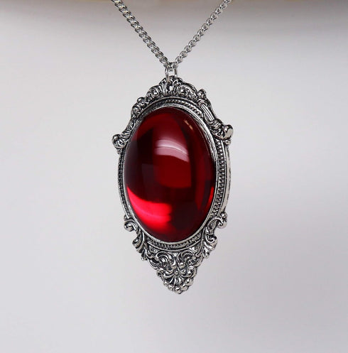 Blood Red Cabochon in Silver Finish Pewter Frame Pendant Necklace...