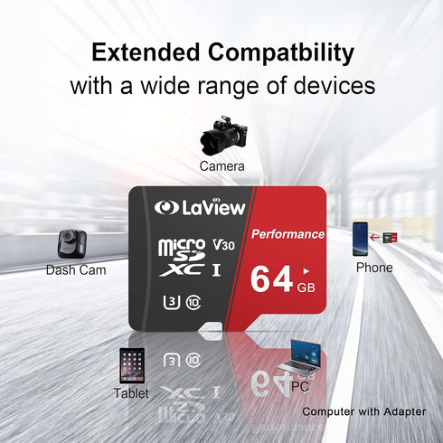 LaView 64GB Micro SD Card, Micro SDXC UHS-I Memory Card – 95MB/s,633X,U3,C10, Full HD Video V30, A1, FAT32, High Speed Flash TF Card P500 for Comp...