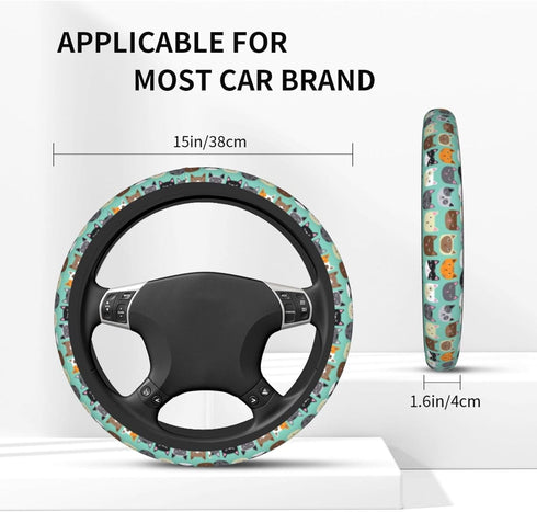 Steering Wheel Cover for Women Men Colorful Cats Kitten Kitty Green Neoprene Steering Wheel Protector Universal Fit Most Car Sedans SUVs - 15 Inch...
