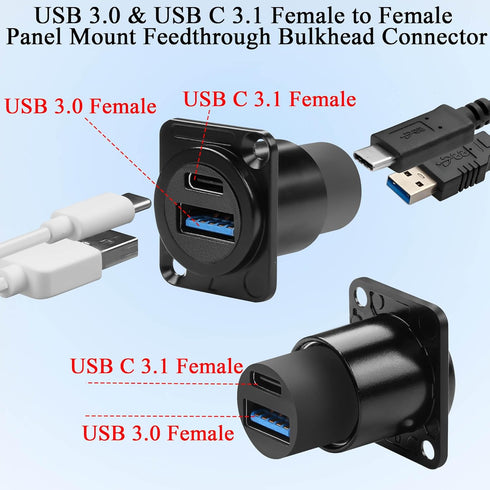 QIANRENON USB3.0 & USB C 3.1 Panel Mount Adapter USB3.0+USB Type C 3.1 Female to Female Fixed Mount Data Charging Connector USB A & USB C Feedthro...