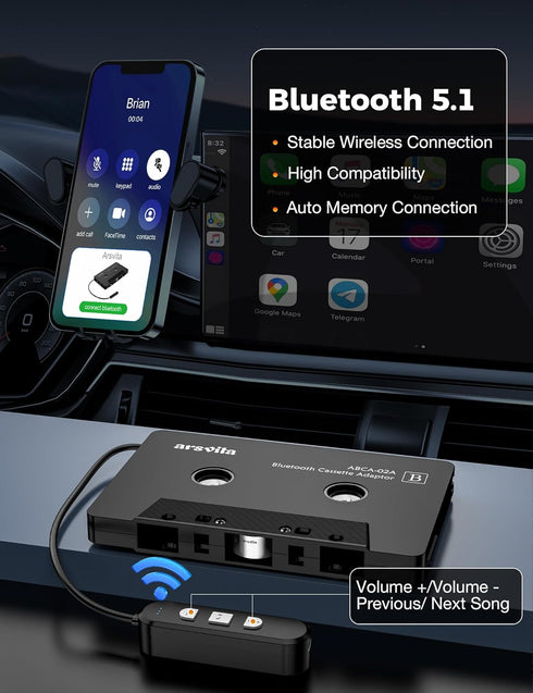 arsvita 5.1 Bluetooth Cassette Adapter, Car Audio Bluetooth Cassette Receiver, Cassette Bluetooth Adapter for Car Support Micro SD Card, Hands-Fre...