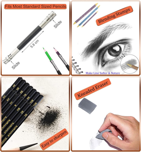 31 Drawing Sketching Pencils Kit, Portable Artist Supples Travel Case Set has Graphite, Charcoal, white color pencil, Blending Stump, gift for Adu...