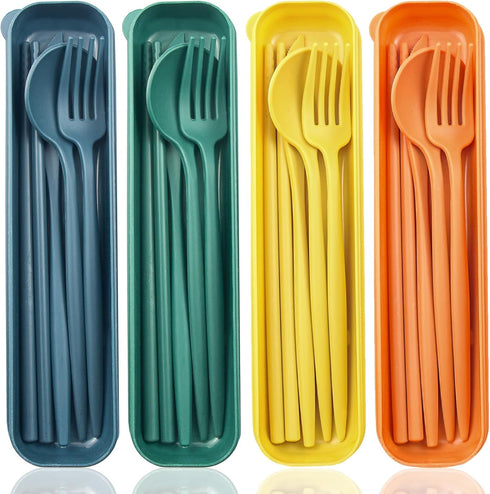 ELANE 4 Sets Reusable Travel Utensils Set with Case,Camping Cutlery Set Reusable Cutlery Set with Case,Utensil Sets for Lunch Picnic Daily Use Out...