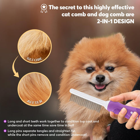 Detangling Pet Comb for Dogs & Cats with Long & Short Stainless Steel Metal Teeth for Removes Tangles and Knots - Detangler Grooming Tool for Dema...